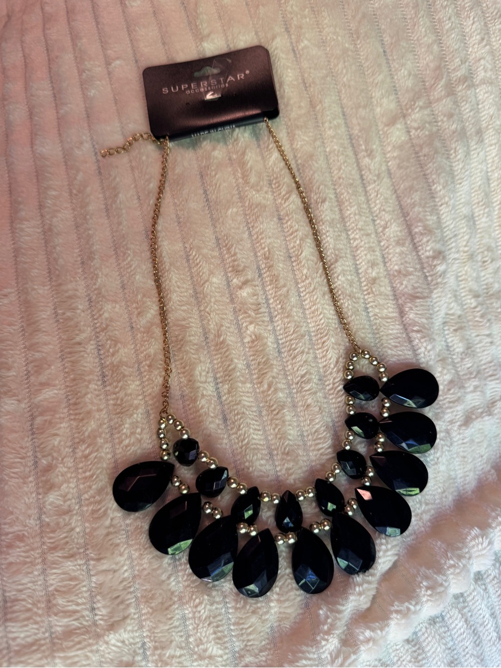 Black Teardrop Bib Necklace with Gold Chain